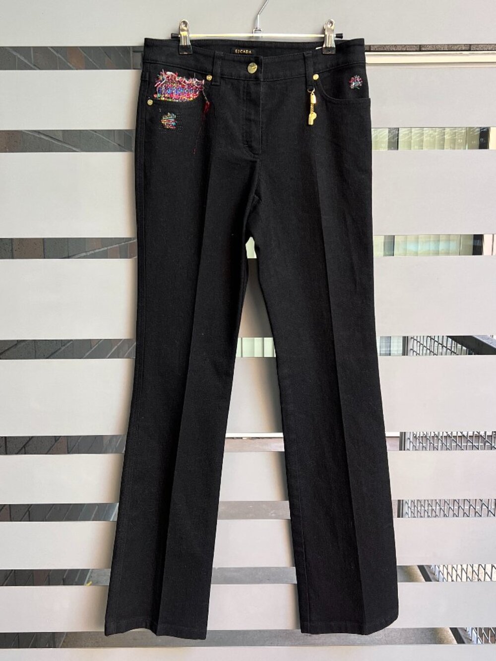 Escada Black Bootcut Embroidered Denim Jeans Size 36